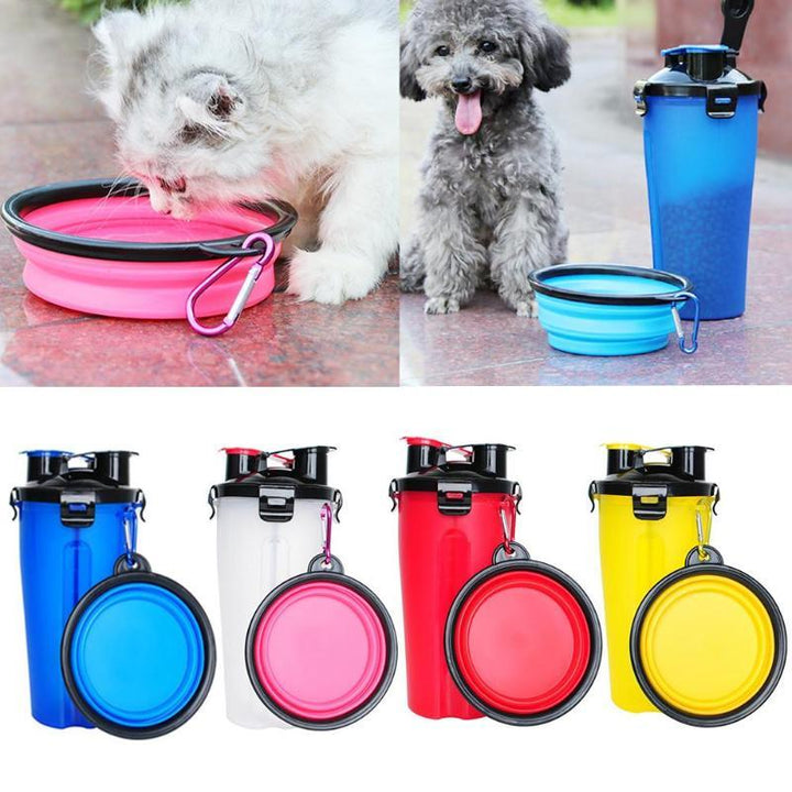 Easy-to-carry pet travel bottle with built-in food & water bowls, ensures your pet stays fed & hydrated.