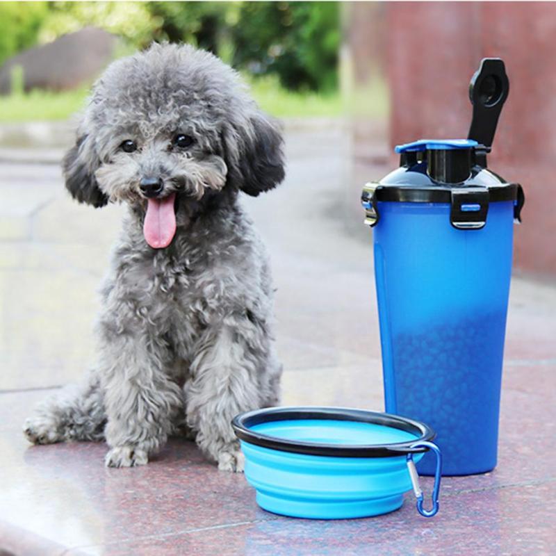 Portable hydration & feeding solution for pets, featuring a 2-in-1 bottle with separate water & food sections.