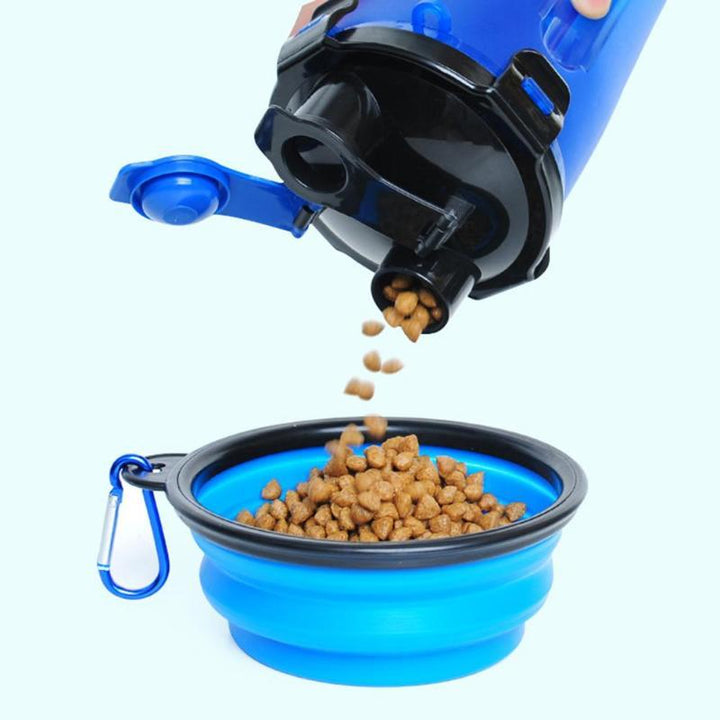 Dog walking essential: portable pet travel bottle with convenient integrated food and water bowls.