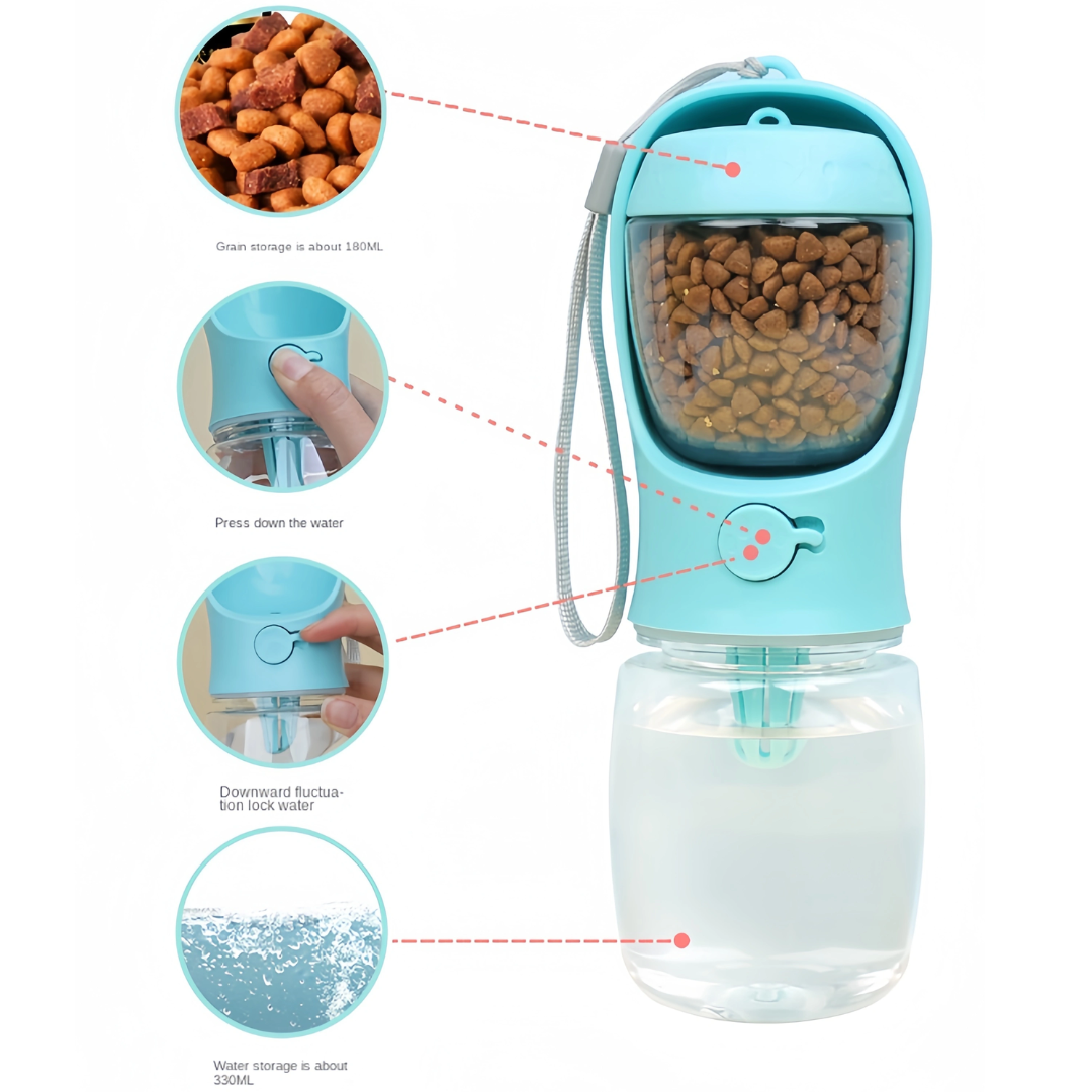 Leak-proof portable dog water bottle & food dispenser for mess-free travel.