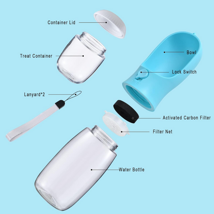 Convenient travel bottle & food dispenser for dogs, making outdoor trips easier.