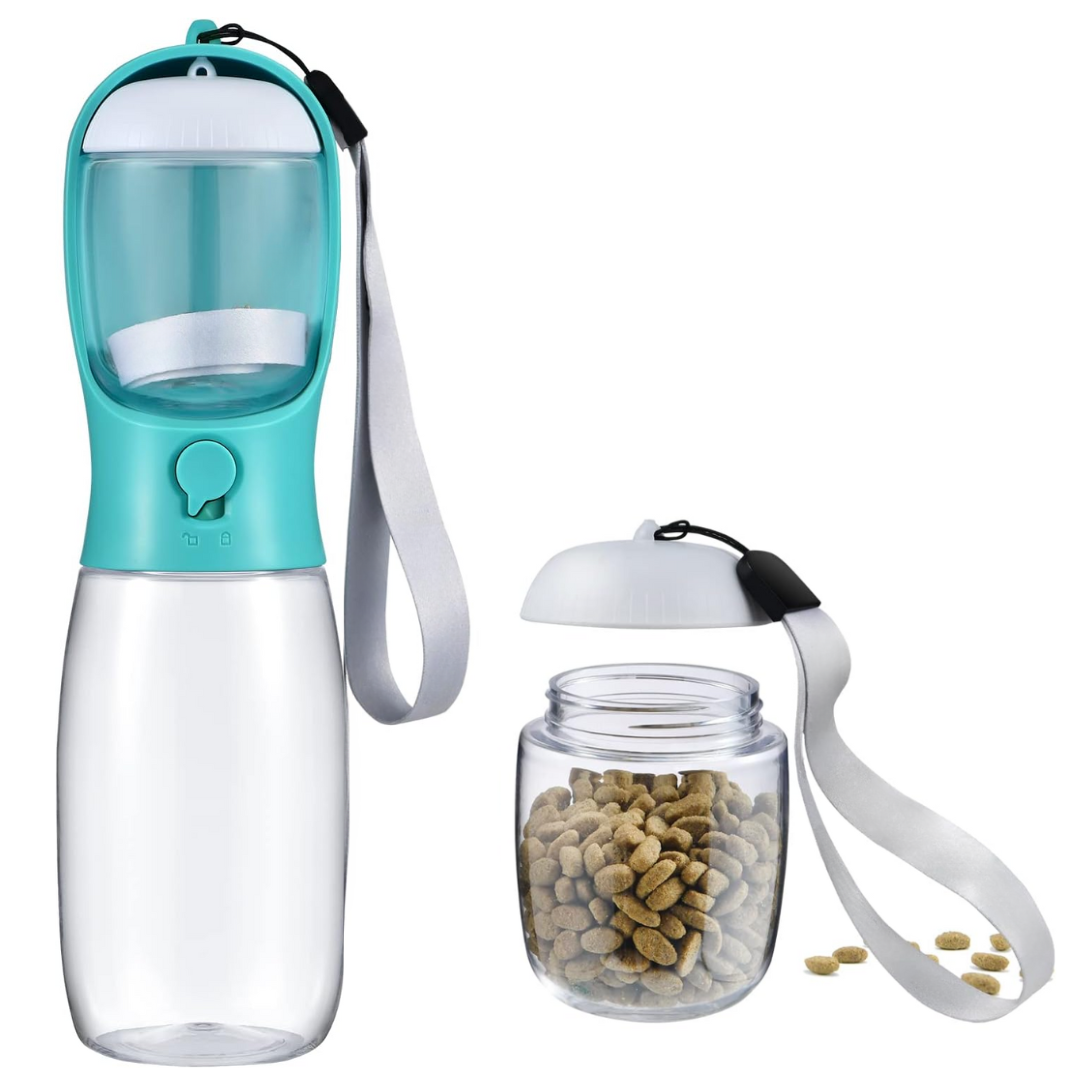 Dog travel bottle with integrated food container, keeping your pet fed & hydrated on the go.