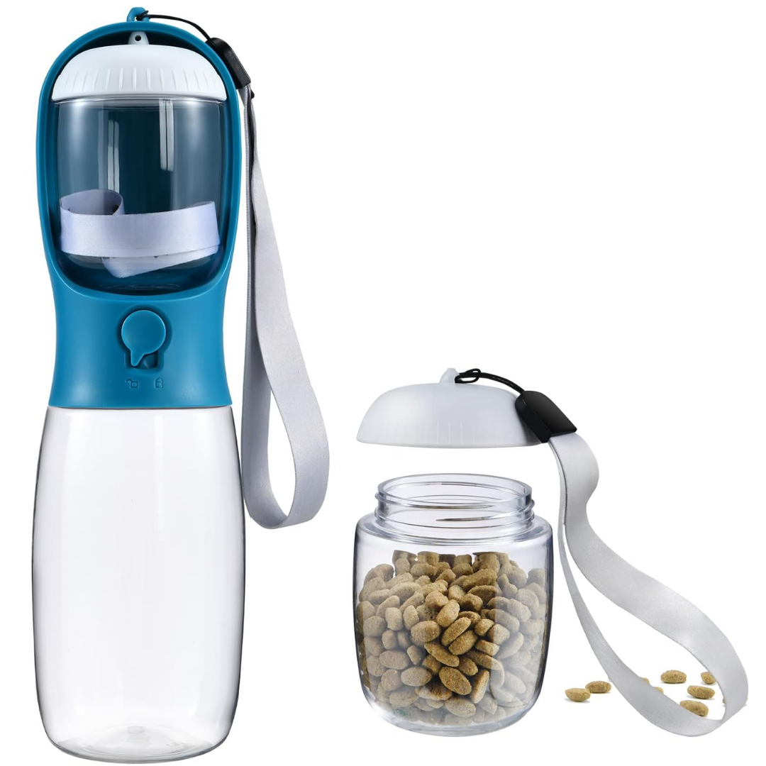 Compact dog water bottle & food dispenser, essential pet travel accessory.