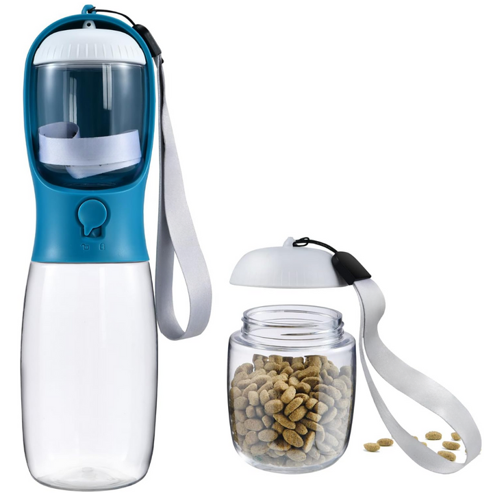 Compact dog water bottle & food dispenser, essential pet travel accessory.