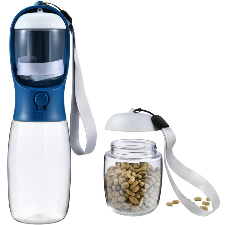 Pet hydration solution: portable water bottle and dog food dispenser in one convenient unit.