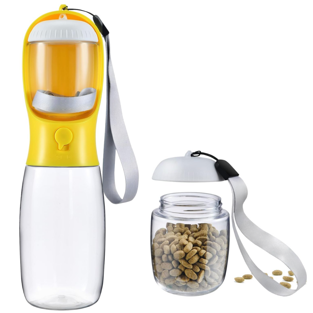 Outdoor pet gear: durable portable dog water bottle & food dispenser for walks & hikes.