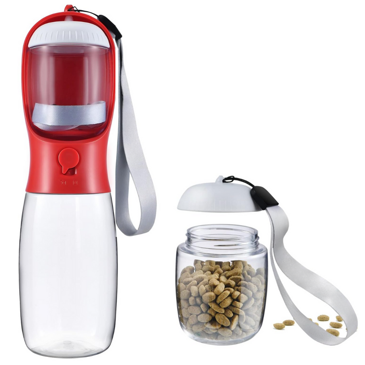 Portable dog feeder and water bottle combo, perfect for active pet owners.