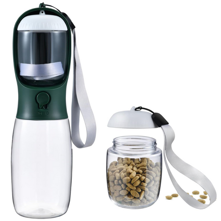 Efficient pet supplies: travel bottle & food dispenser ensuring your dog stays nourished.