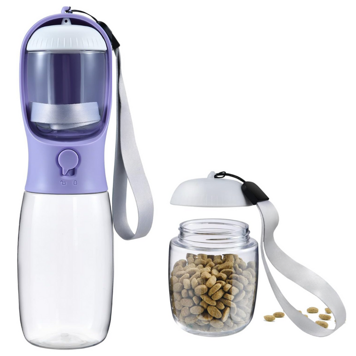 Stylish portable pet water bottle with food compartment, a must-have dog accessory.