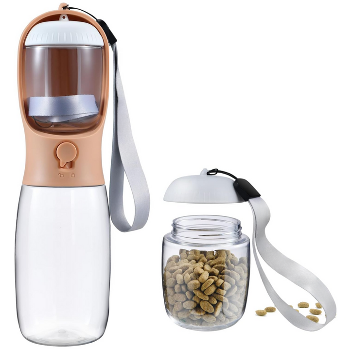 Easy-to-use portable dog water bottle & food dispenser, great for all pet adventures.