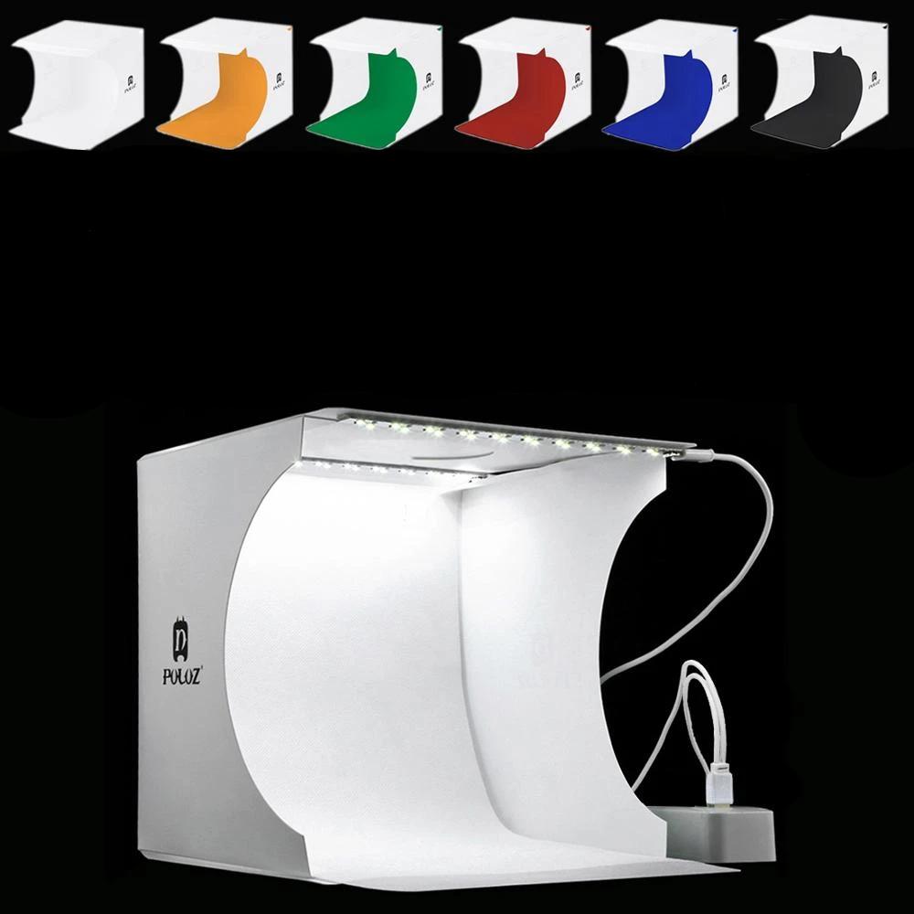 Mini LED light box studio for detailed jewelry photography. Perfect for e-commerce product shots.