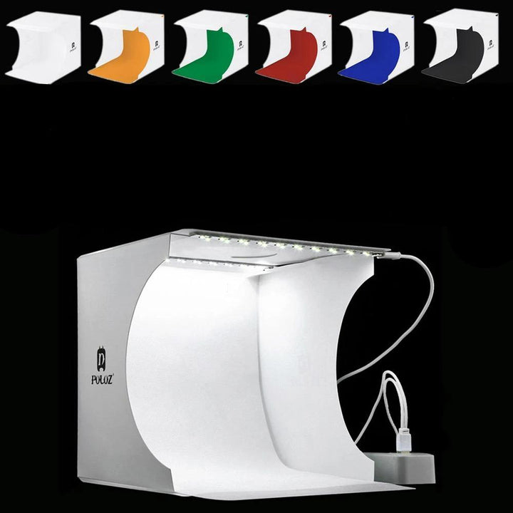 Mini LED light box studio for detailed jewelry photography. Perfect for e-commerce product shots.