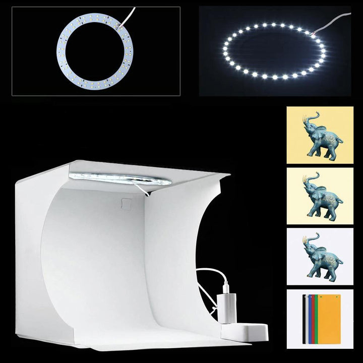 Compact tabletop photo studio light box for gadget & small item photography, easy to transport.