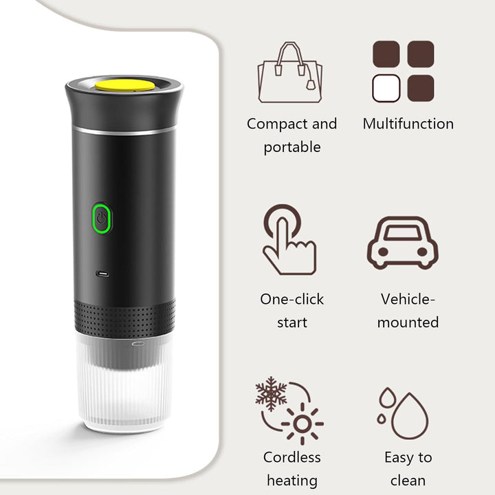 Rechargeable portable coffee machine making fresh espresso, compatible with ground coffee.