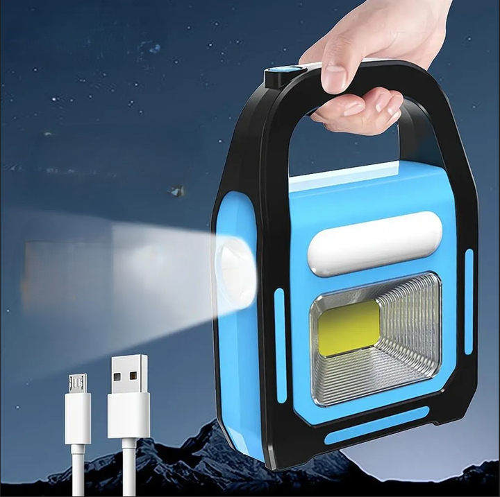 Portable rechargeable LED camping lantern with USB power bank, ideal for outdoor adventures & emergencies.