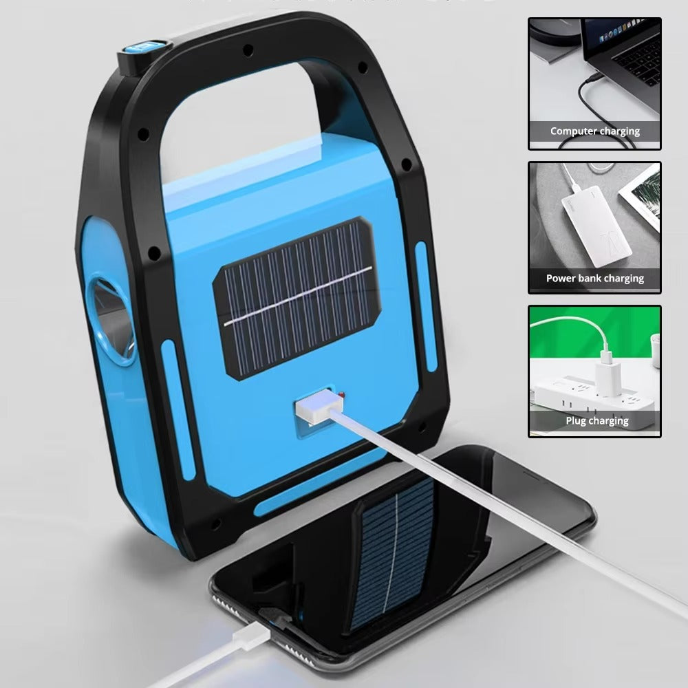 SolarGlow portable camping lantern with solar charging & USB power bank for sustainable outdoor lighting.