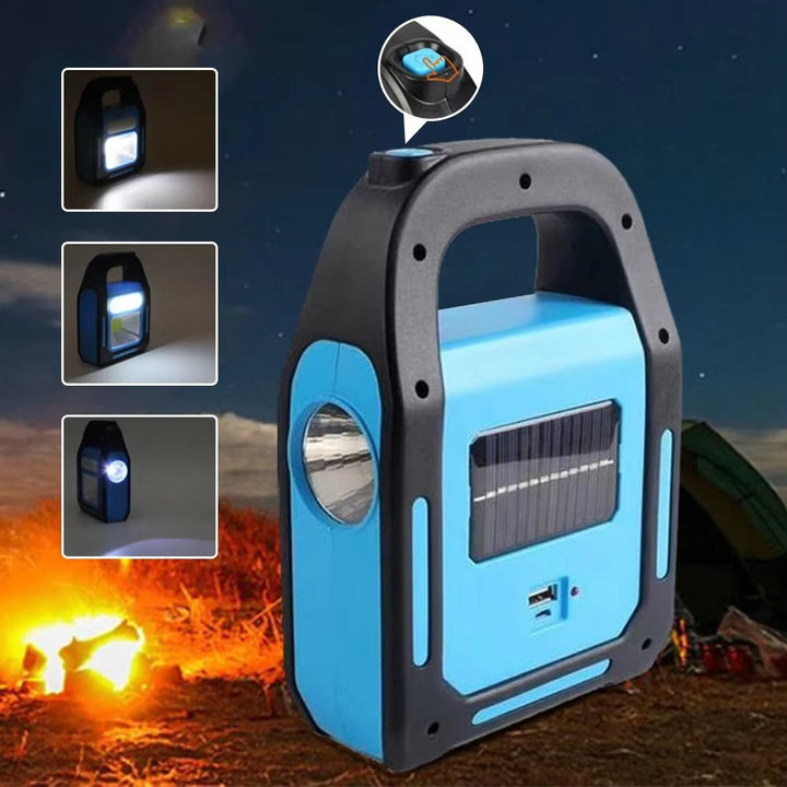 USB rechargeable camping lantern featuring an integrated power bank to charge devices on camping trips.