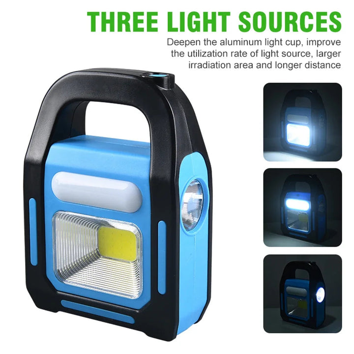 Emergency portable LED lantern, solar-powered & USB rechargeable, perfect for camping, hiking, power outages.