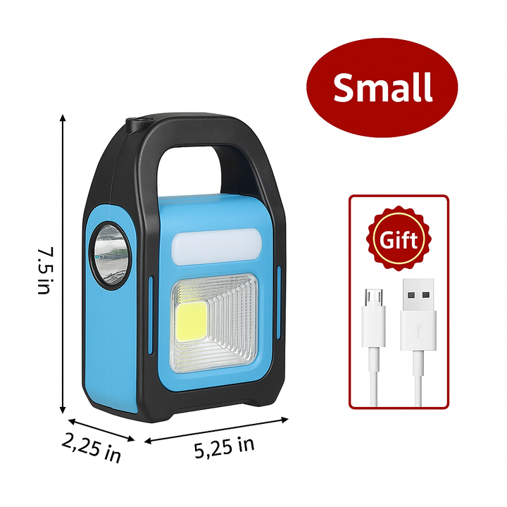 Versatile portable solar camping lantern, USB rechargeable, also functions as a reliable emergency power bank.