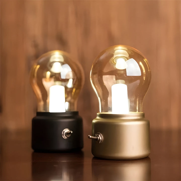 Compact retro LED table lamp, ideal for ambient lighting with a vintage touch, easily portable and USB charged.