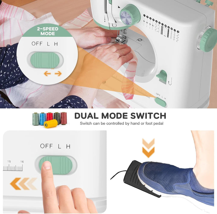 Beginner-friendly mini sewing machine with foot pedal, ideal for small repairs and crafts.