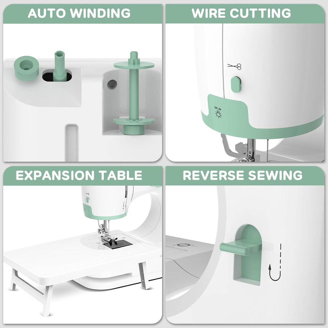 Portable sewing machine showing full view with 12 stitch selections and bright work light.