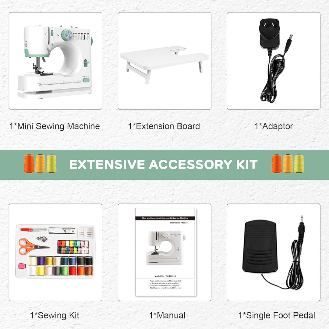 Efficient mini sewing machine with foot pedal and extension table, great for all home repairs.