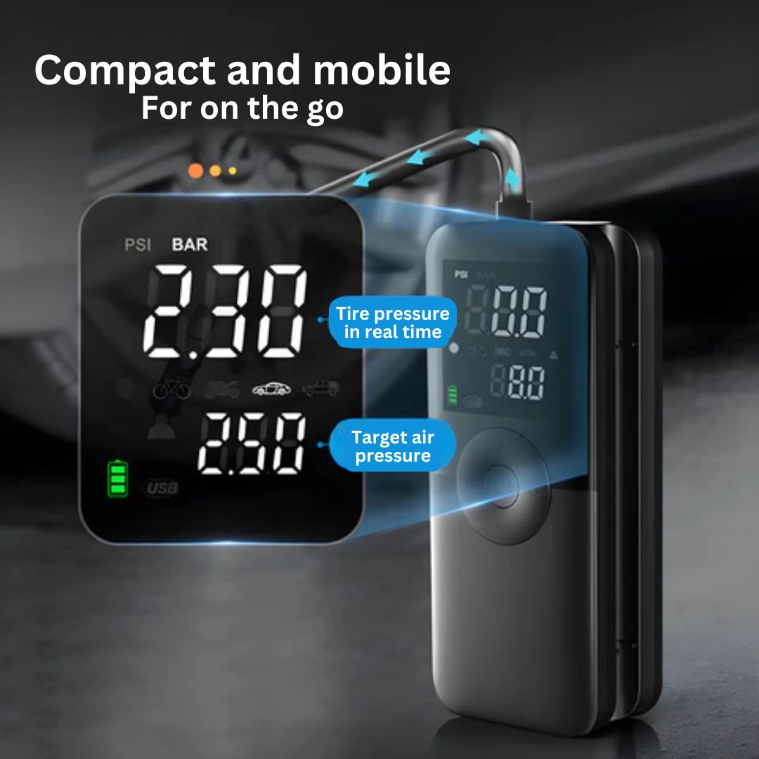 Versatile smart tire inflator for bikes, motorcycles, sports balls & car emergencies. Portable with digital screen.