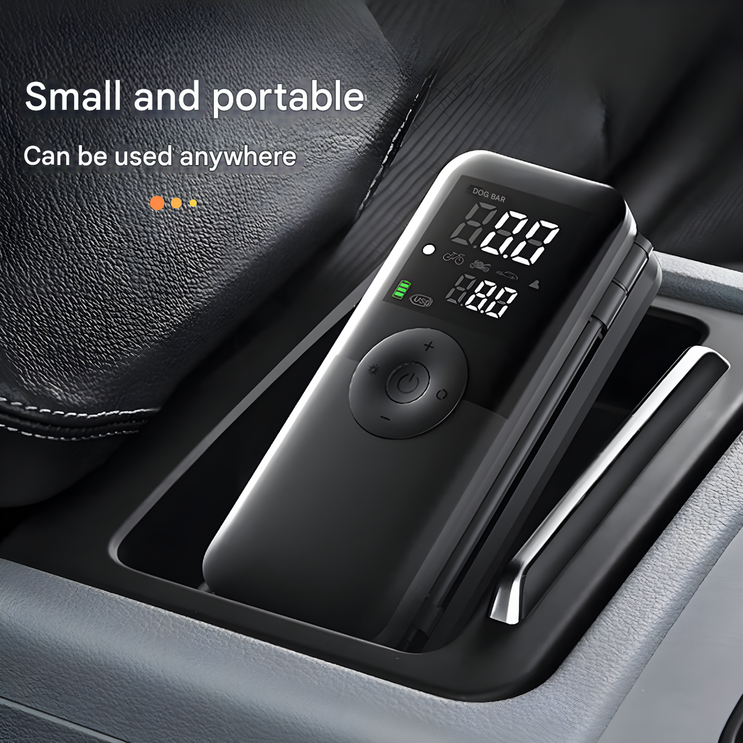 USB-C rechargeable portable tire inflator with clear digital display. For bikes, scooters, sports equipment & cars.