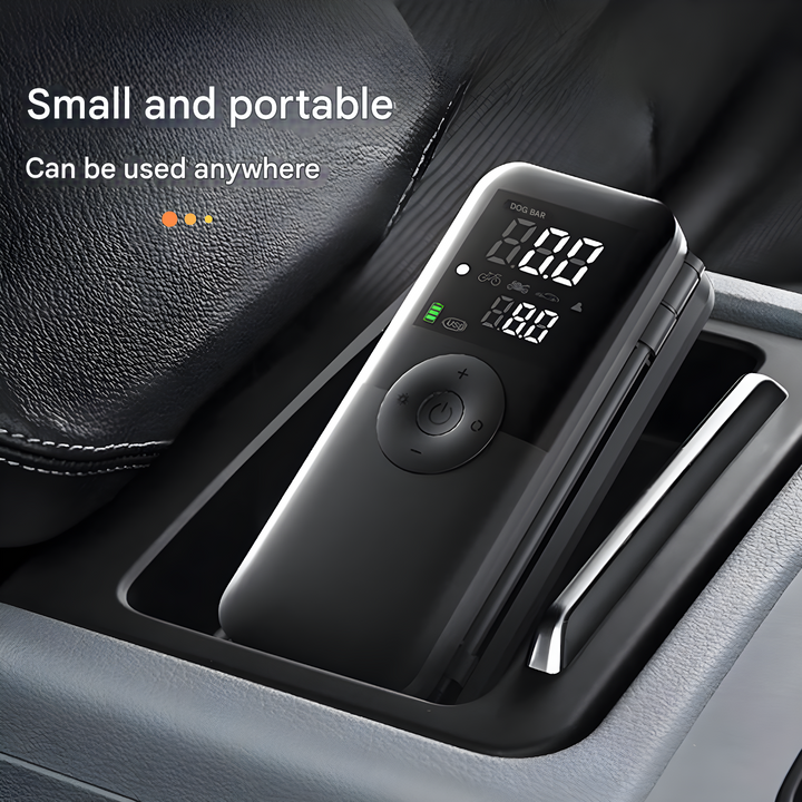 USB-C rechargeable portable tire inflator with clear digital display. For bikes, scooters, sports equipment & cars.