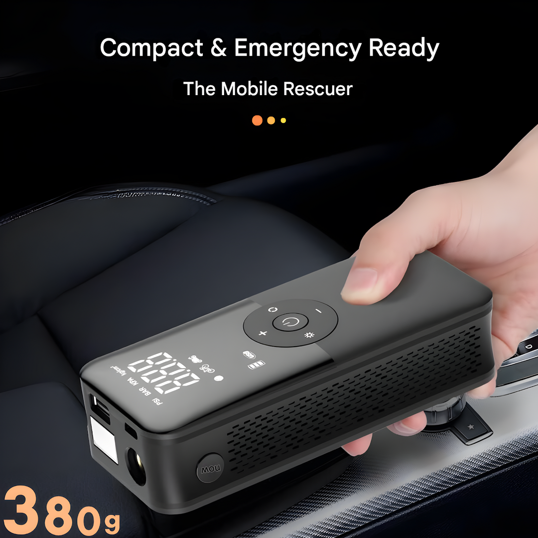 Powerful mini portable air pump for bike tires, sports equipment & emergency car use. Smart, compact, digital.