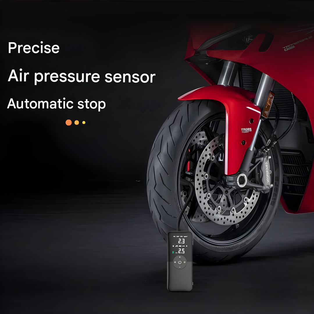 Essential bike & car accessory: smart portable tire inflator pump. Digital display, USB-C fast charging, auto-stop.