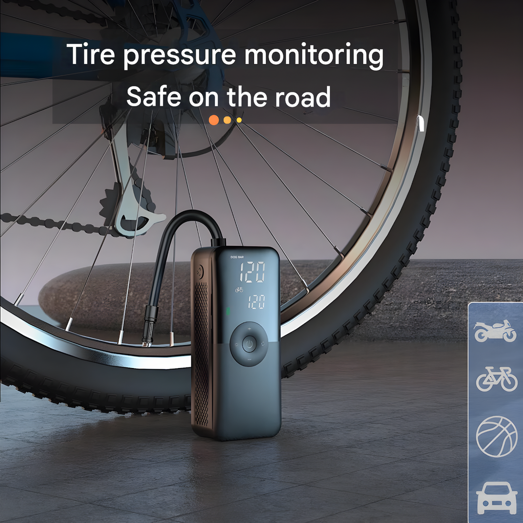 Portable tire inflator for bikes, sports gear & cars. Smart digital display, USB-C pump. Emergency air tool.
