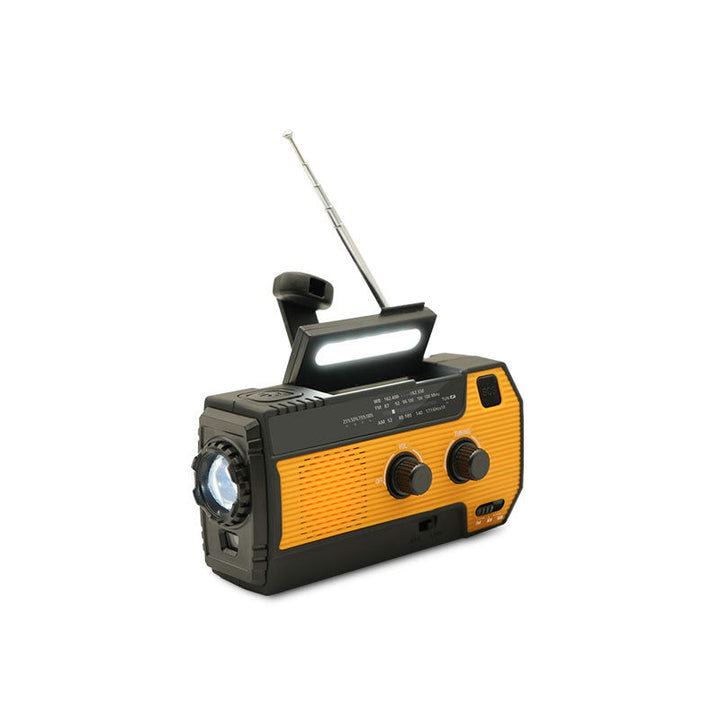 Portable solar & hand crank emergency radio for survival, outdoor adventures & weather alerts.