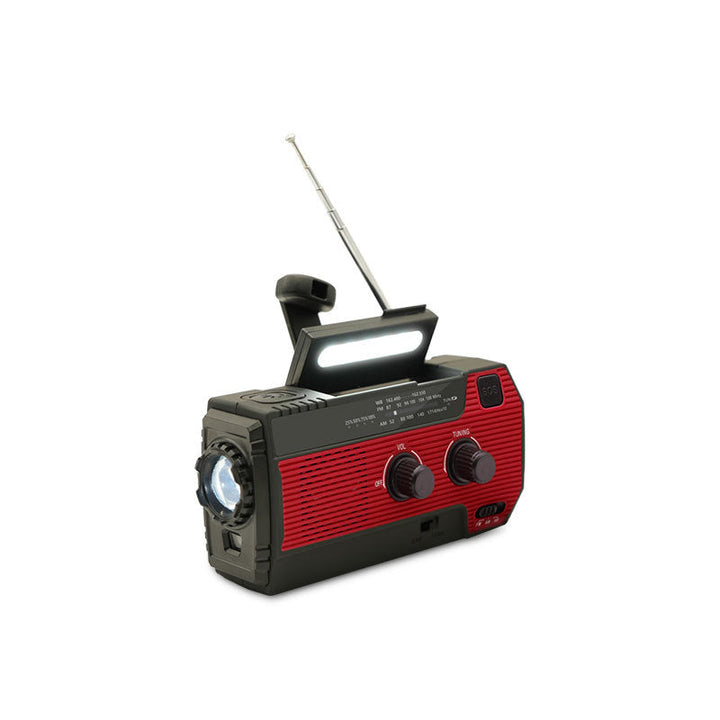 IPX3 water-resistant portable emergency radio with solar & hand crank power for camping & preparedness.