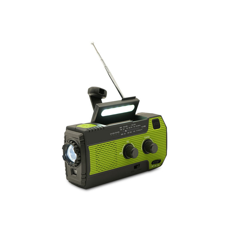 Unisex survival gear: rechargeable solar & hand crank emergency radio with integrated flashlight & NOAA weather.