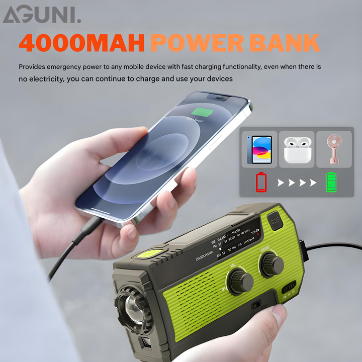 Compact emergency weather radio with solar & hand crank charging, LED flashlight, & phone power bank.