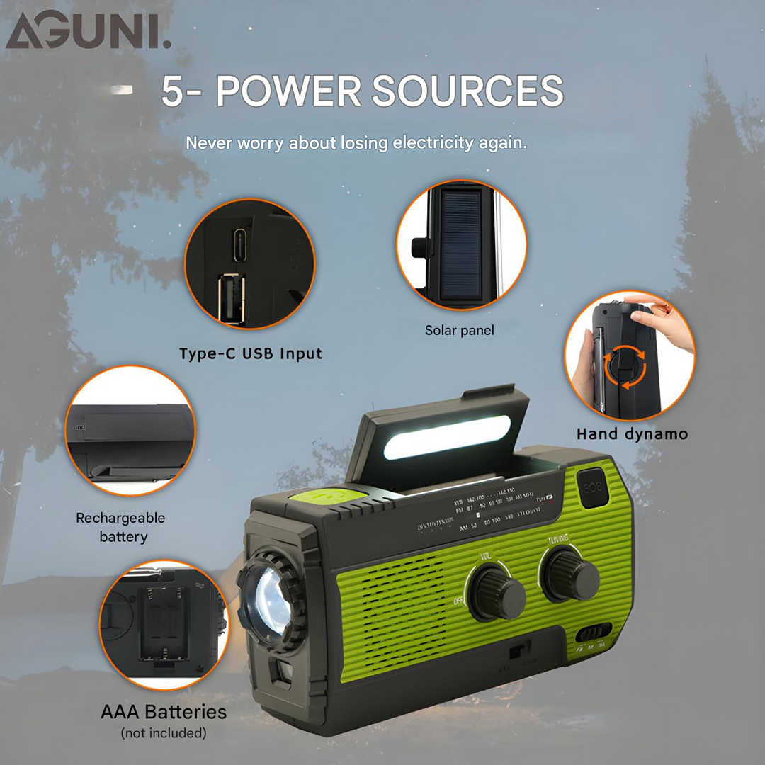 Reliable outdoor emergency radio: solar-powered, hand-cranked, with bright flashlight & device charging.