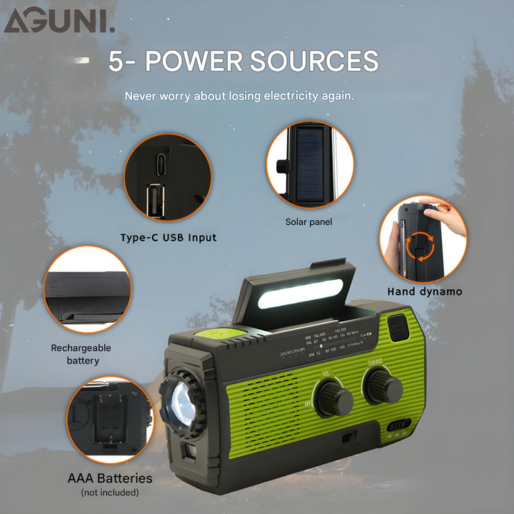 Reliable outdoor emergency radio: solar-powered, hand-cranked, with bright flashlight & device charging.