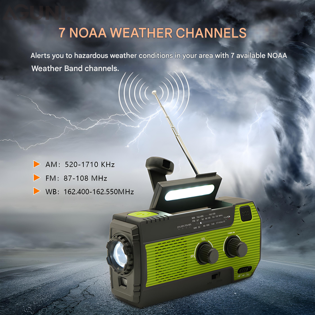 Durable portable solar & hand-crank emergency radio for camping, hiking, and natural disaster preparedness.
