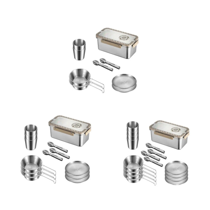 Camping mess kit: Portable stainless steel cutlery set with a protective storage box, essential for outdoor cooking and eating.