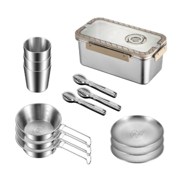 Stainless steel camping dinnerware kit in a black protective storage case, ideal for adventure, hiking, and travel.