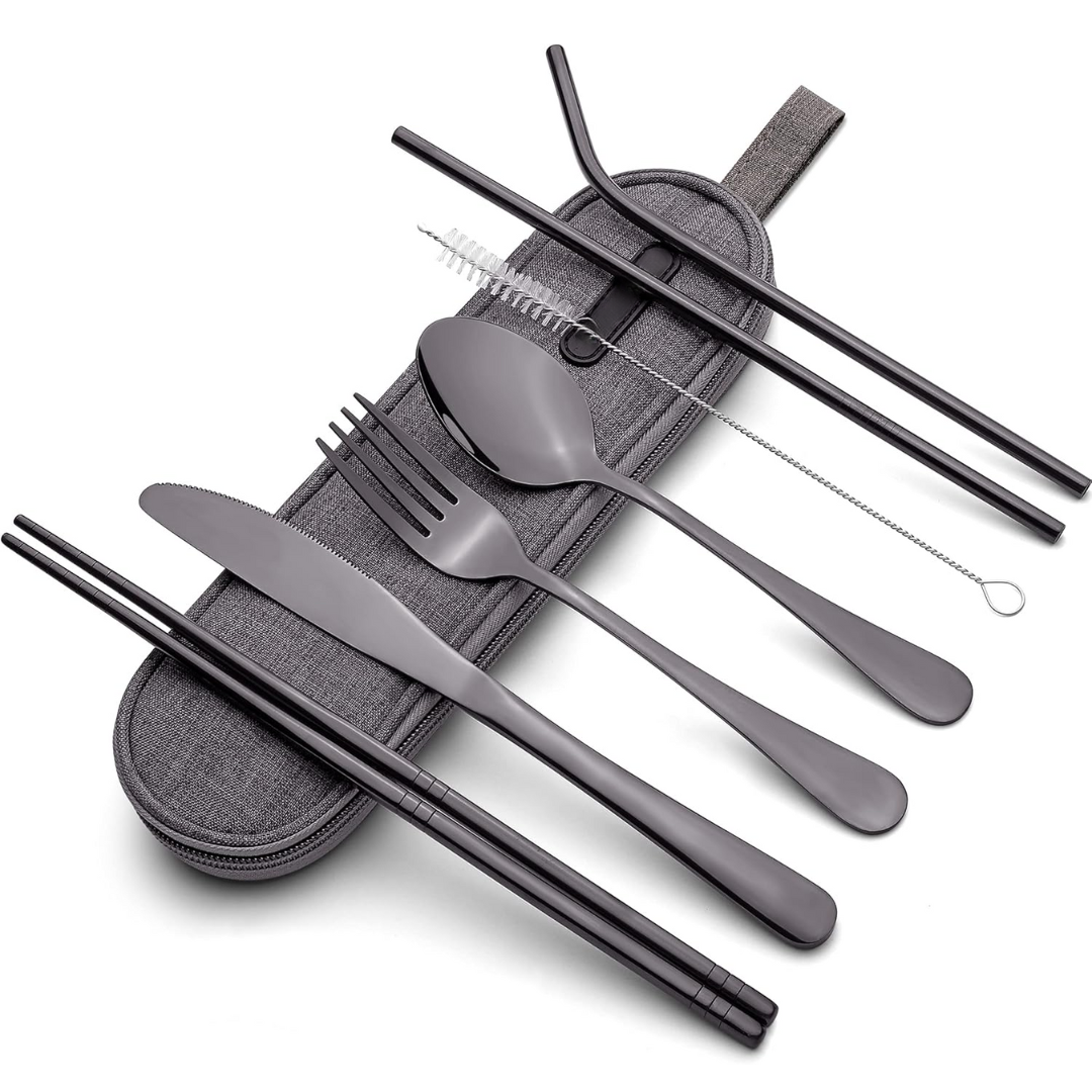 Portable stainless steel cutlery set with fork, spoon, knife in a compact travel case for eco-friendly outdoor dining