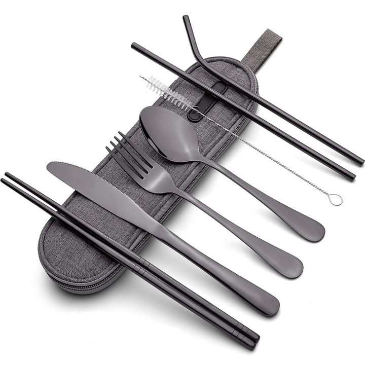 Portable stainless steel cutlery set with fork, spoon, knife in a compact travel case for eco-friendly outdoor dining
