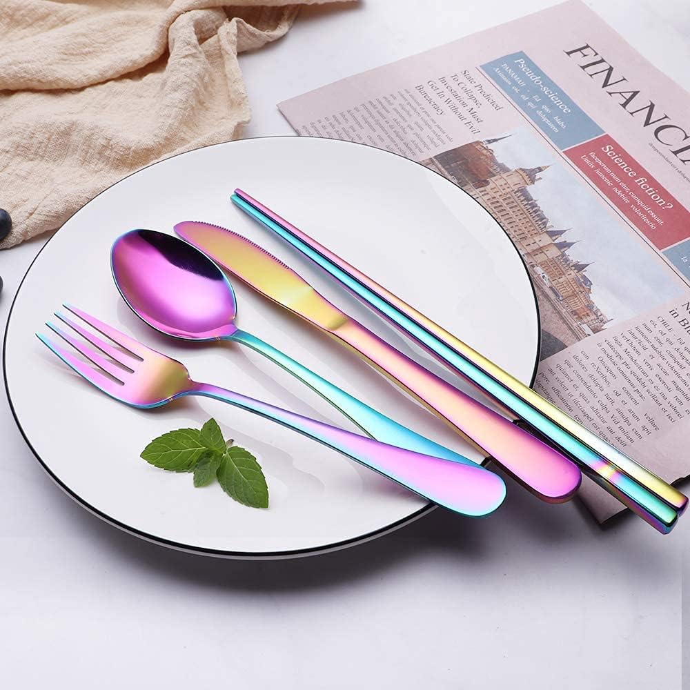 Portable stainless steel fork and spoon side-by-side, from a travel cutlery set for reusable kitchen use