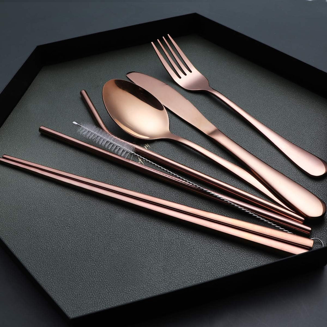 Stainless steel knife and fork from a portable cutlery set, ready for outdoor adventures and eco-friendly dining