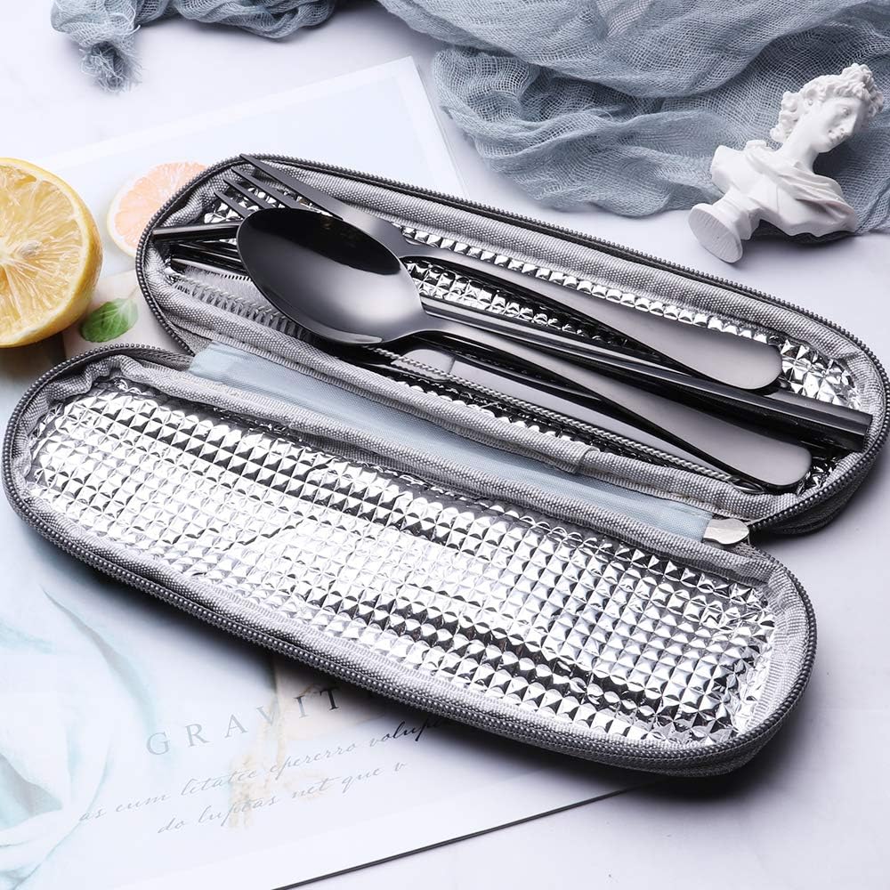 Reusable stainless steel cutlery set, featuring fork, spoon, and knife, in a portable travel case for kitchen & outdoor