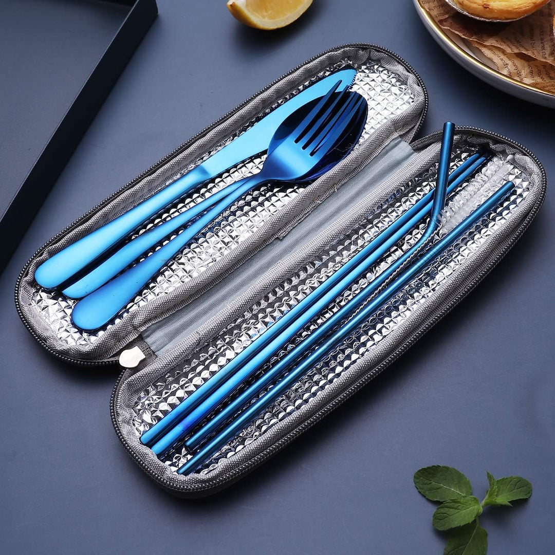 Hand placing a stainless steel fork into the travel case of a portable cutlery set, emphasizing smart kitchen storage