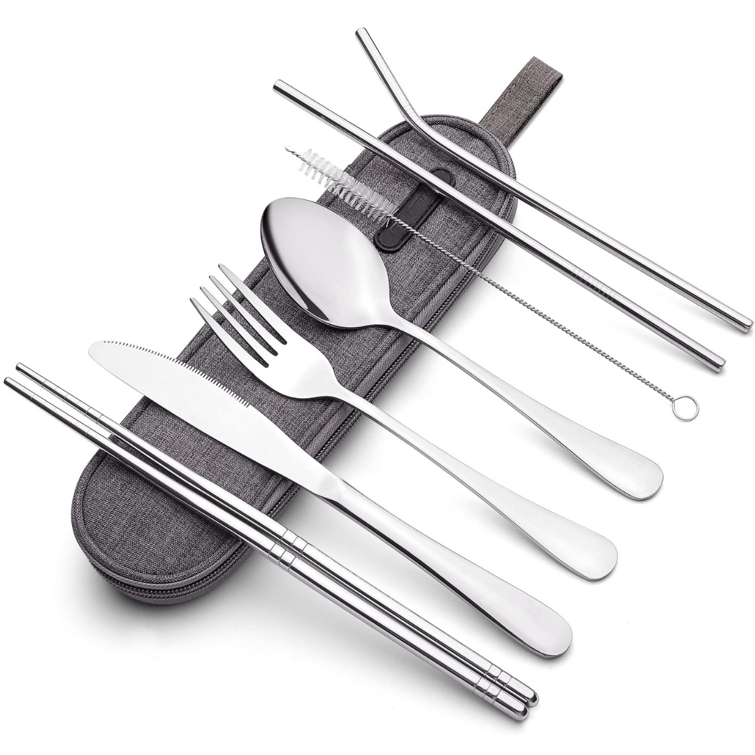 Close-up of a reusable stainless steel fork from a portable cutlery set, ideal for travel and kitchen use