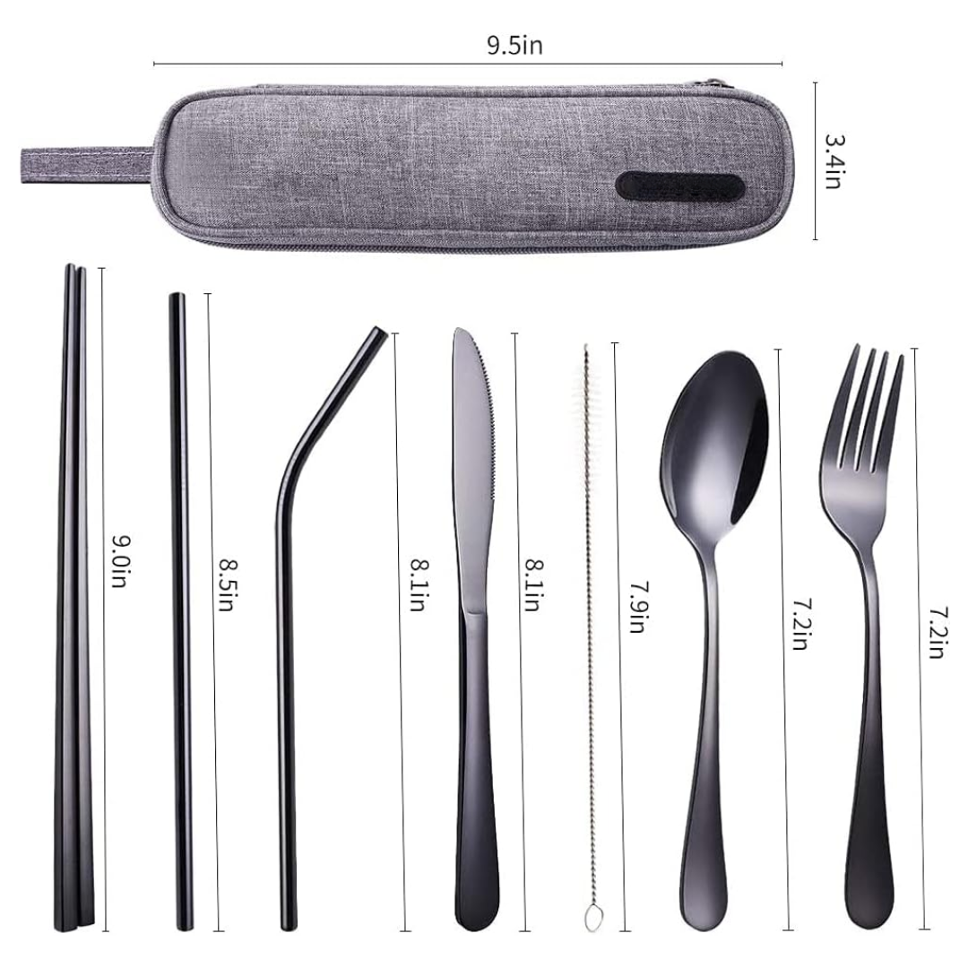 Stainless steel knife, fork, and spoon from a portable cutlery set arranged for a meal, eco-friendly kitchen tools
